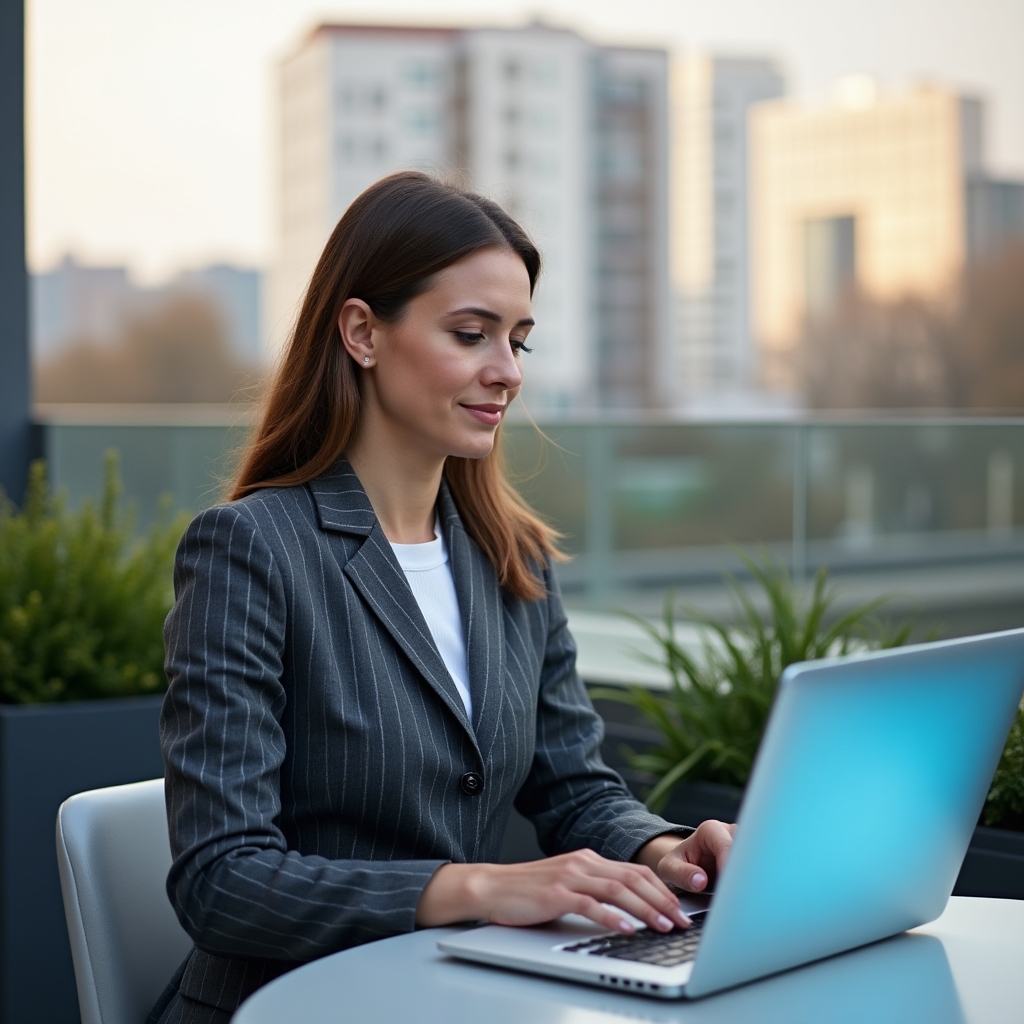 Mid-career Romanian professional in business attire working on a laptop at an outdoor urban workspace